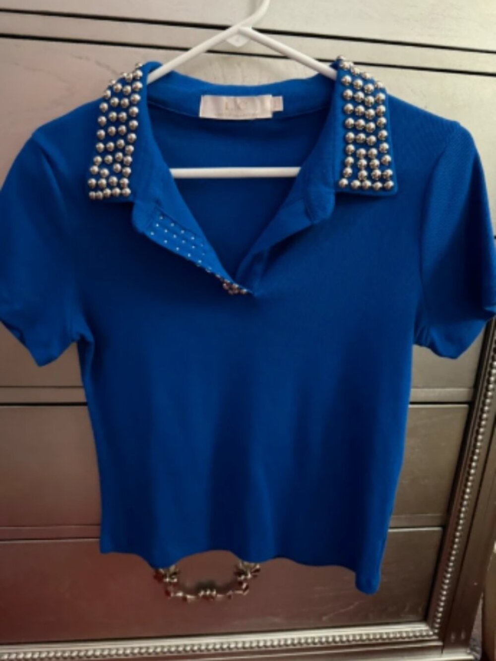 Royal Blue Silver Studded Collar Polo Shirt Women's Short Sleeve V-Neck Top L